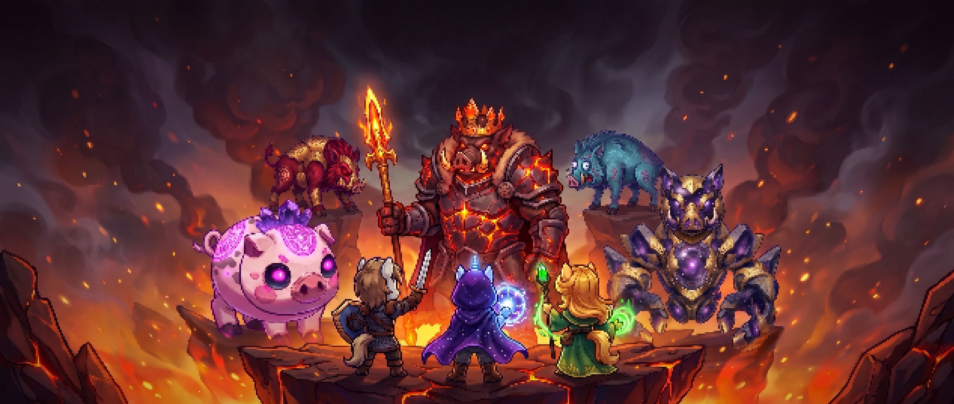 Three pony heroes on a lava ledge facing the Swine King and his bosses