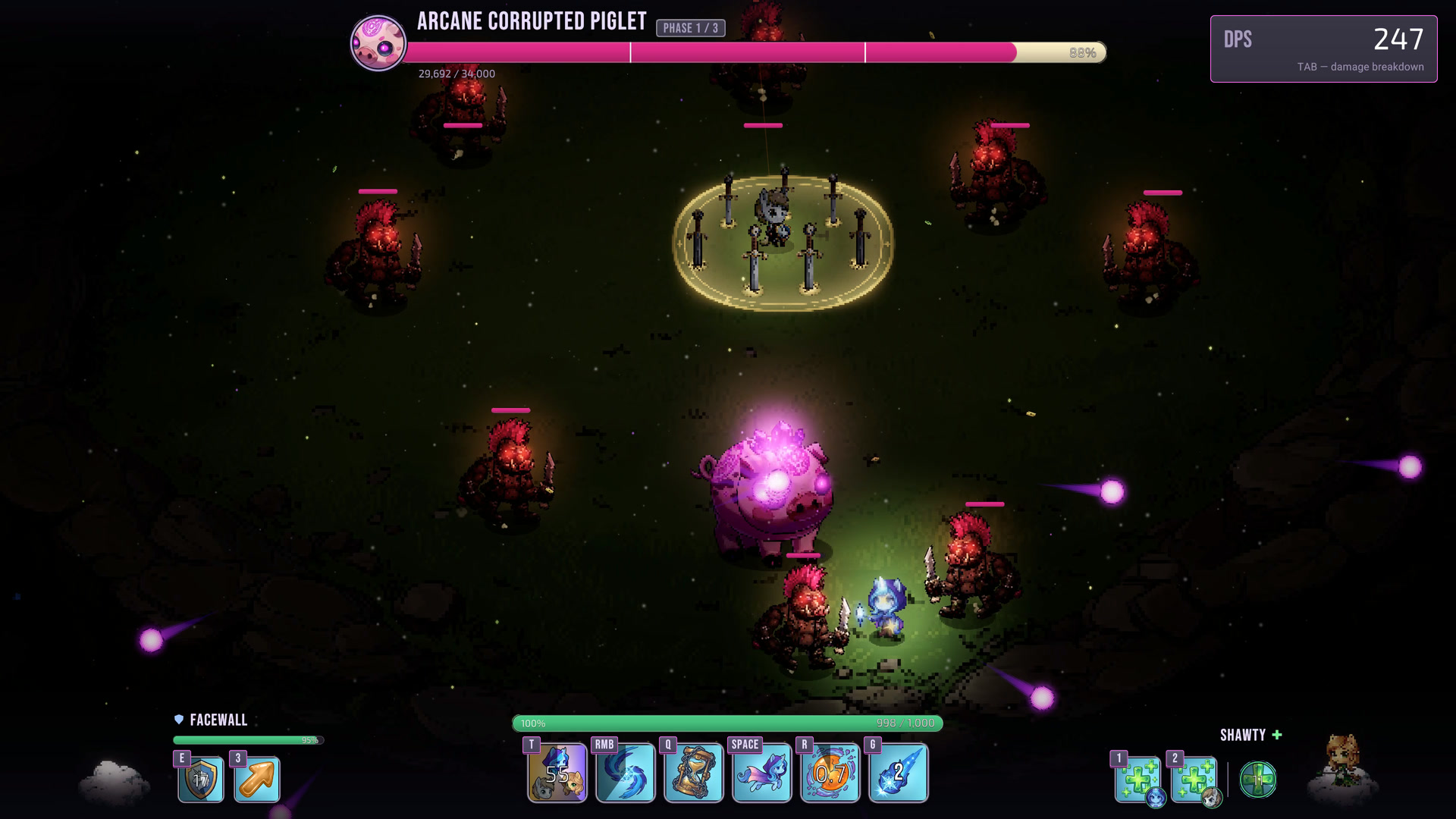 The arena goes dark while Chasing Boars hunt the player