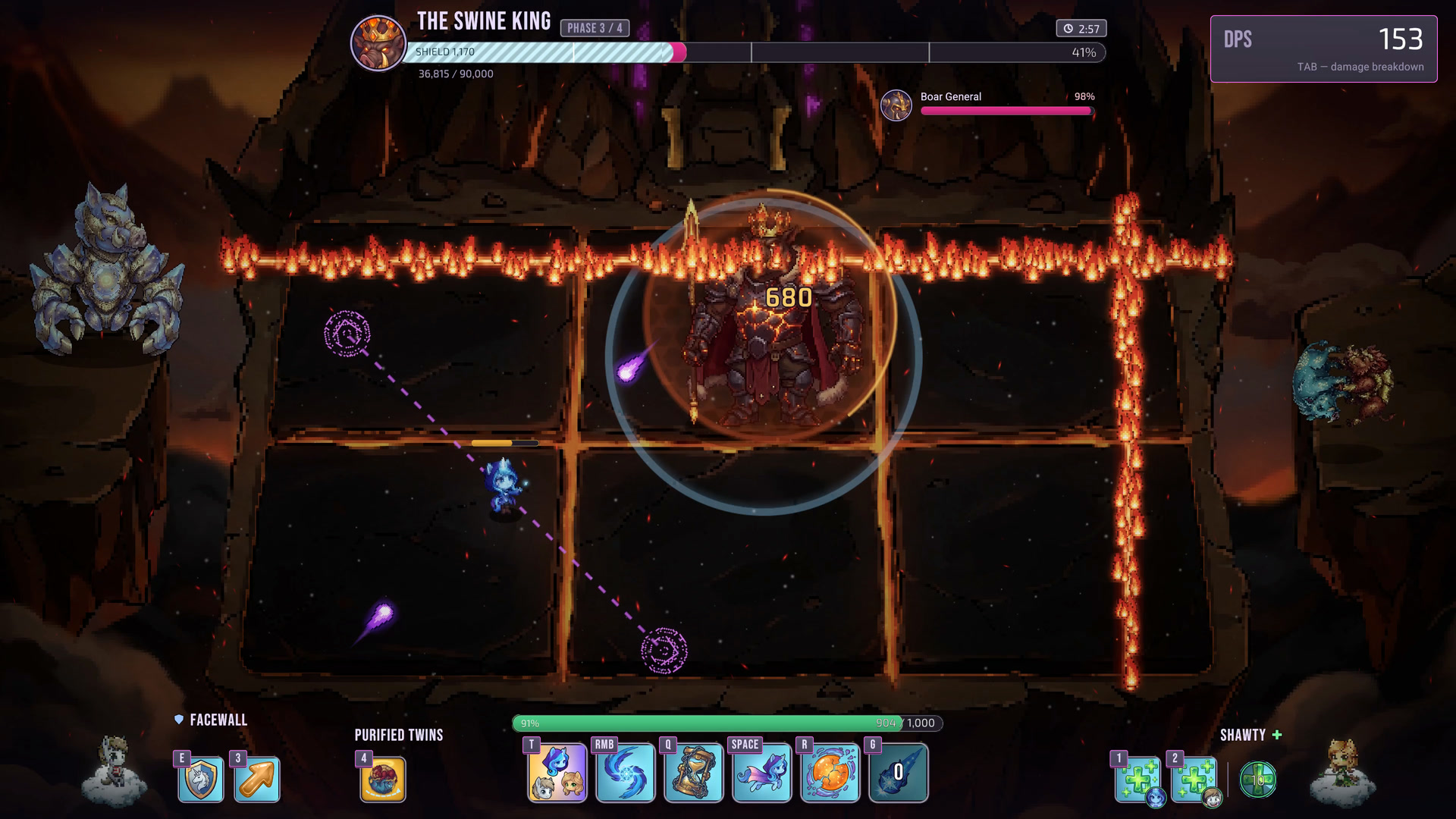 Walls of fire split the arena into tiles