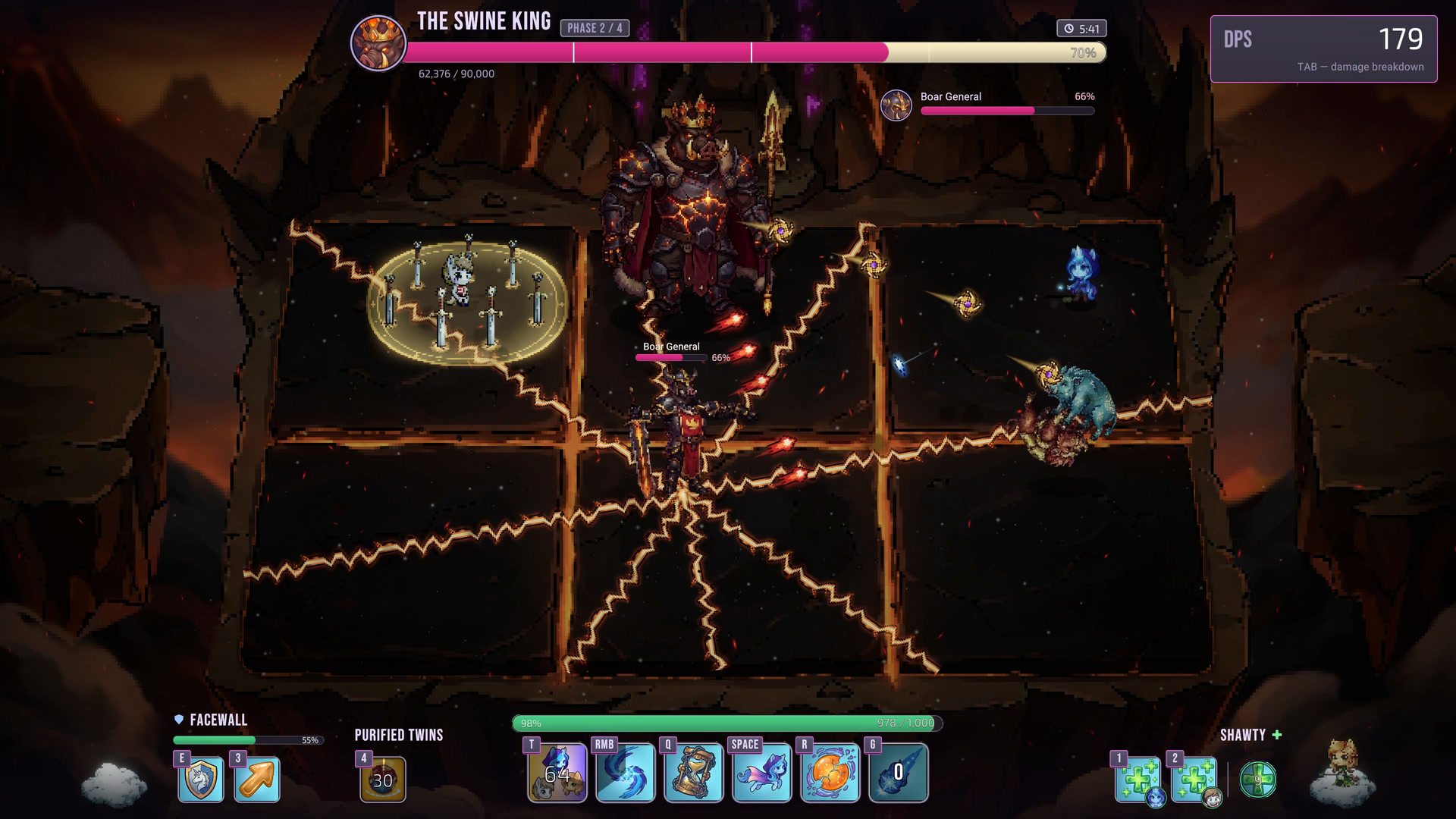 The Boar General's sword slam lines radiate across the hall