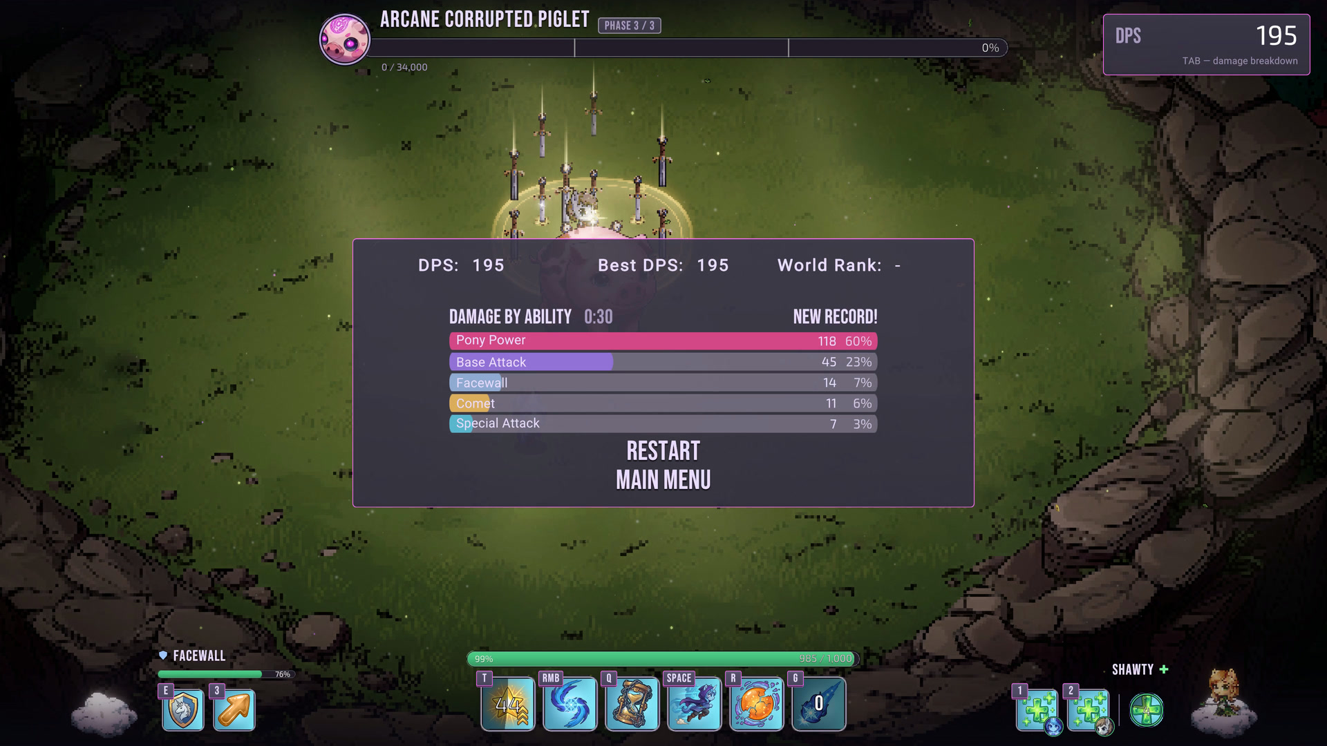 Victory screen with the DPS breakdown by ability